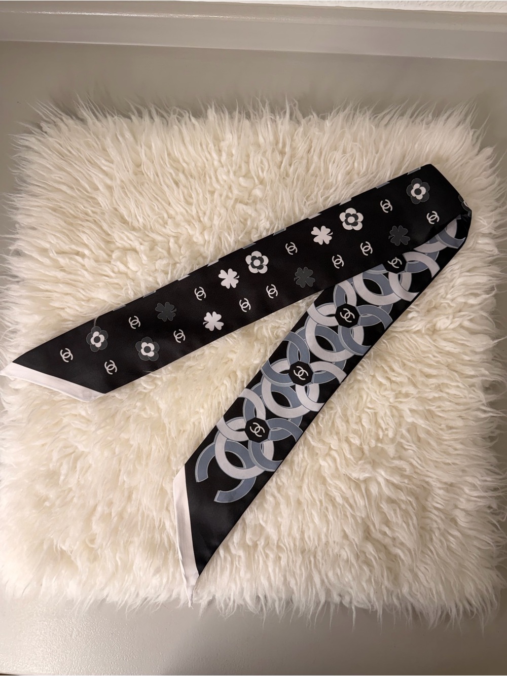 Chic Black and Gray Designer Silk Twilly Scarf